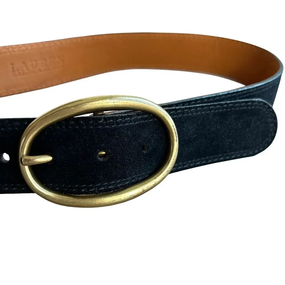 Lauren Ralph Lauren Black Suede Leather Belt Solid Brass Oval Buckle Size Medium